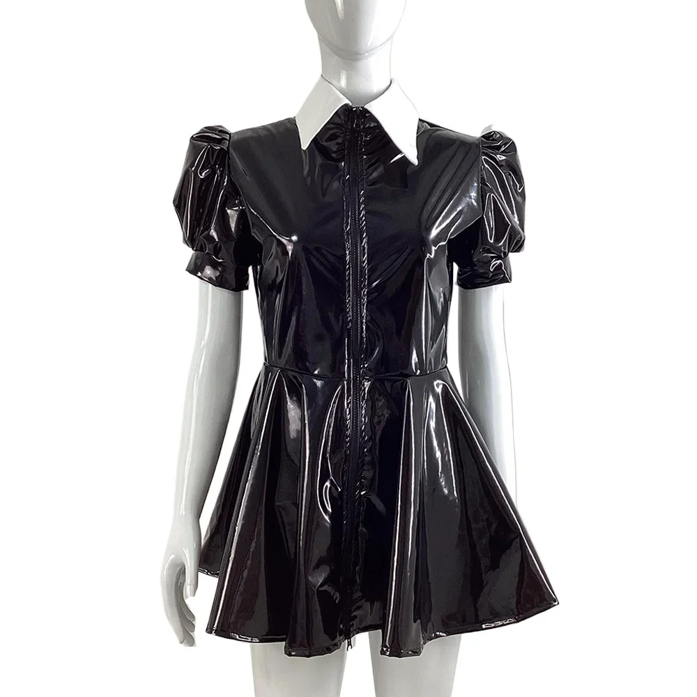 Women's PVC Shiny A-line Mini Dress,Wet Look,Turn-down Collar,Puff Short Sleeve,Ruffle Pleated Dresses,Pole Dancing Clubwear