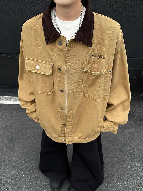 

Loose Casual Men's Denim Jaet Color Blo Collar Autumn Faion Detroit Workwear American Retro Sle Long Sve Top