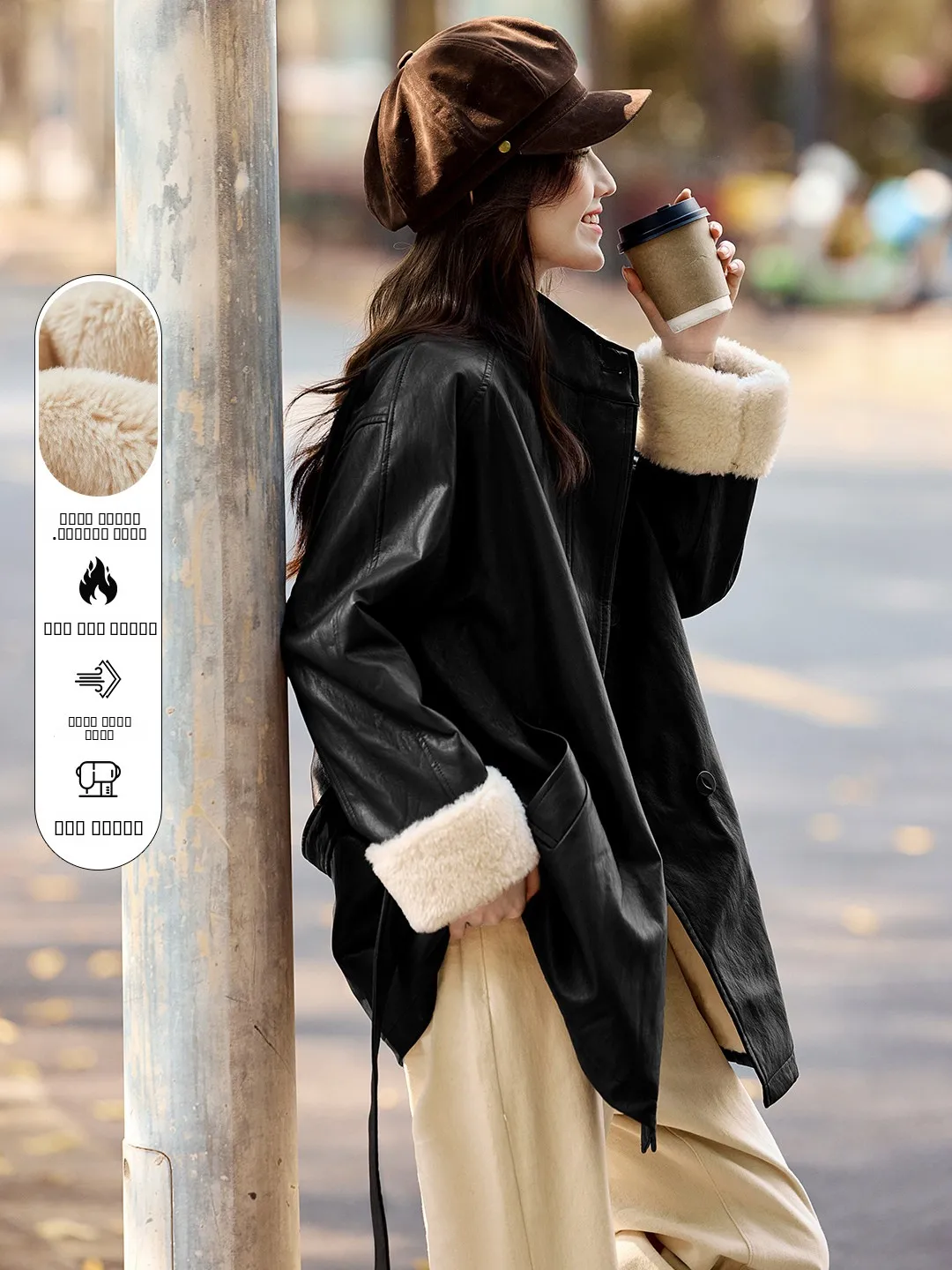 Xin Fei Yu Bla PU-Lederjacke Damen Gefütterte Schlankmachende Winterjacke Vintage Stehkragen Passform Mantel