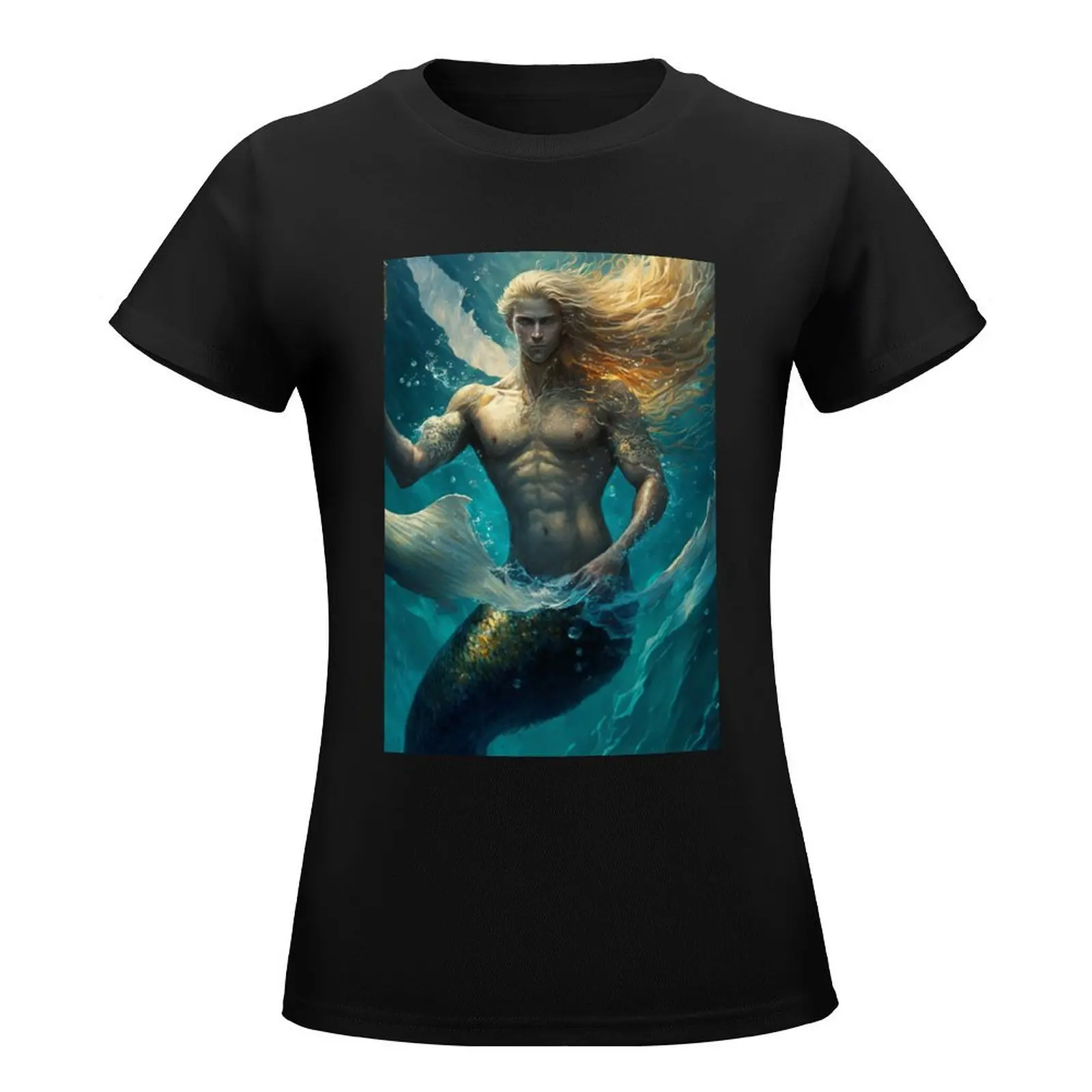 Angelic Blue Eyed Merman with Golden Blonde Flowing Hair in Aqua Hues! T-Shirt animal print shirt for girls Woman fashion