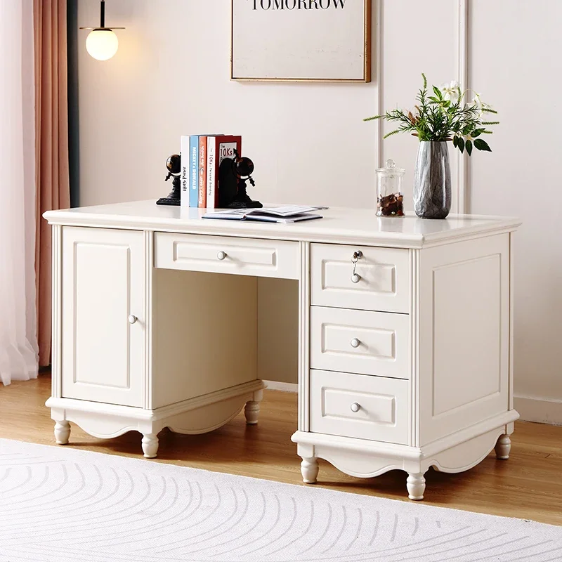 solid wood white small computer desk, European style home student writing desk
