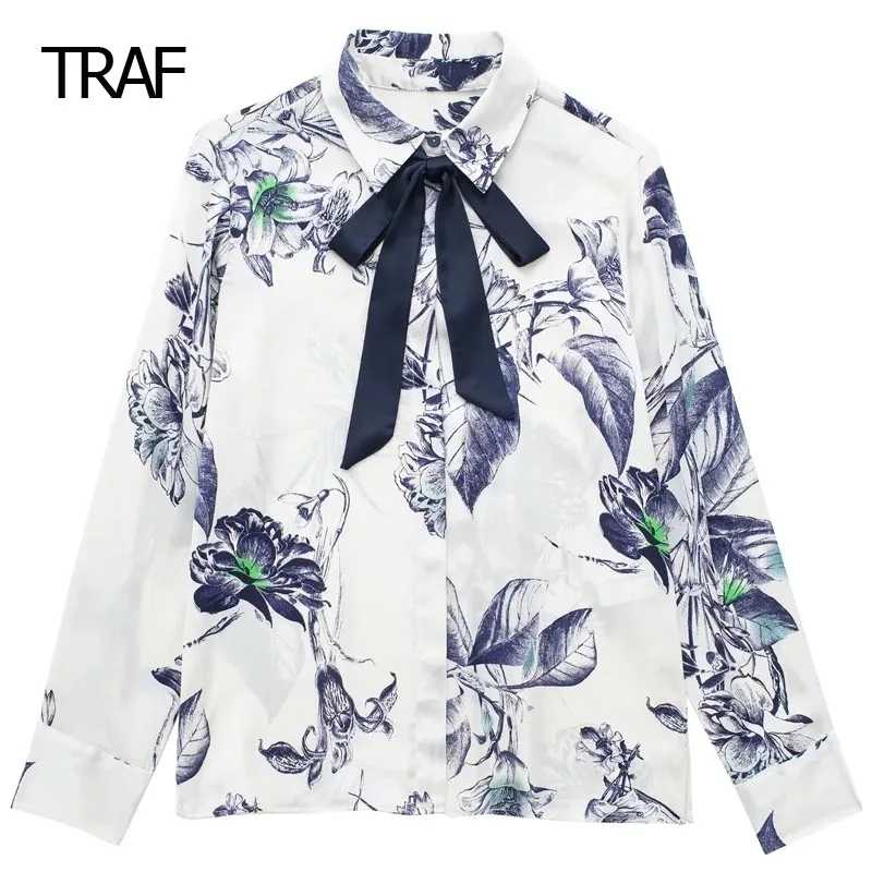 

TRAF Bow Print Blouse Women Shirts Spring Summer 2024 Lapel Collar Long Sleeves Top Korean Style Shirt Elegant And Youth Blouses