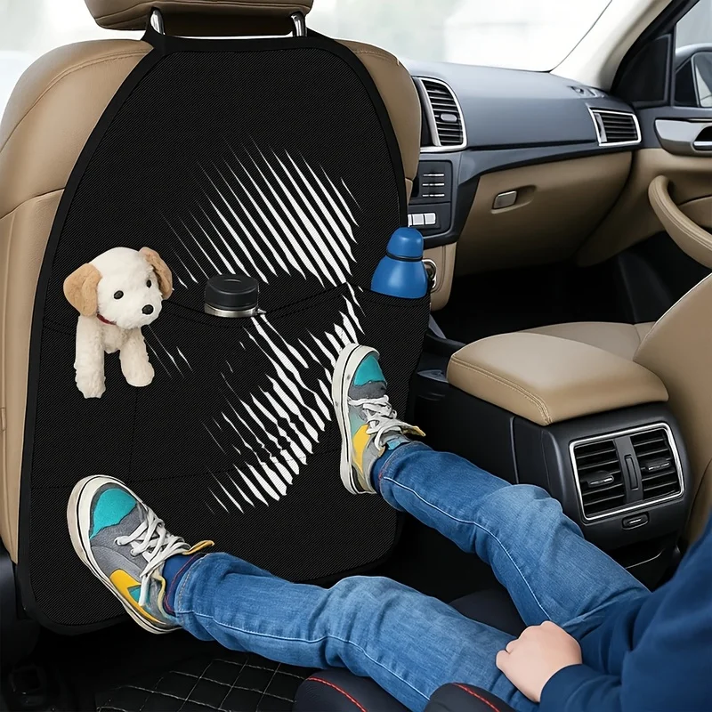 Unique Car Seat Back Covers With Storage Pockets | Distorted White Skull Print | Edgy Gothic Style