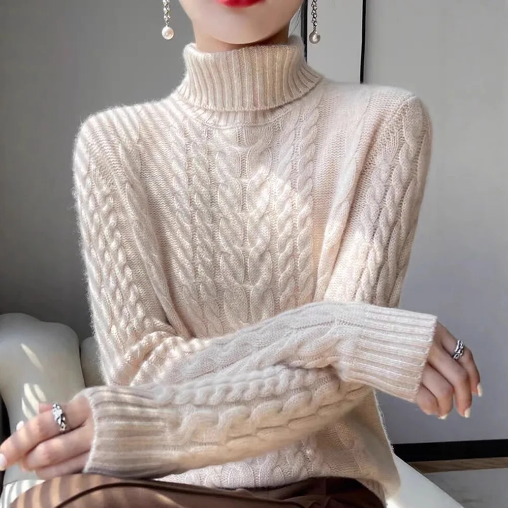 

Autumn Winter Fashionable Large Size Base Shirt Polyester Fiber Knitted Top Women's Thickened High Collar Twisted Knit Sweater