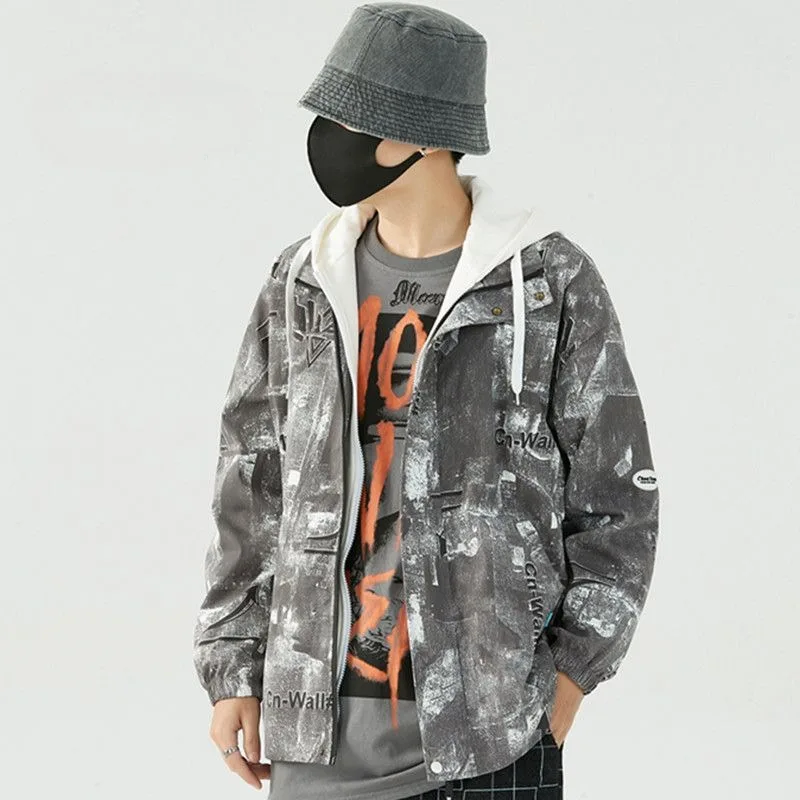 Male Fake Two-Piece Casual Loose Coat Winter Men Fashionable Camouflage Hooded Jacket Casual Contrast Color Large Size Outwear