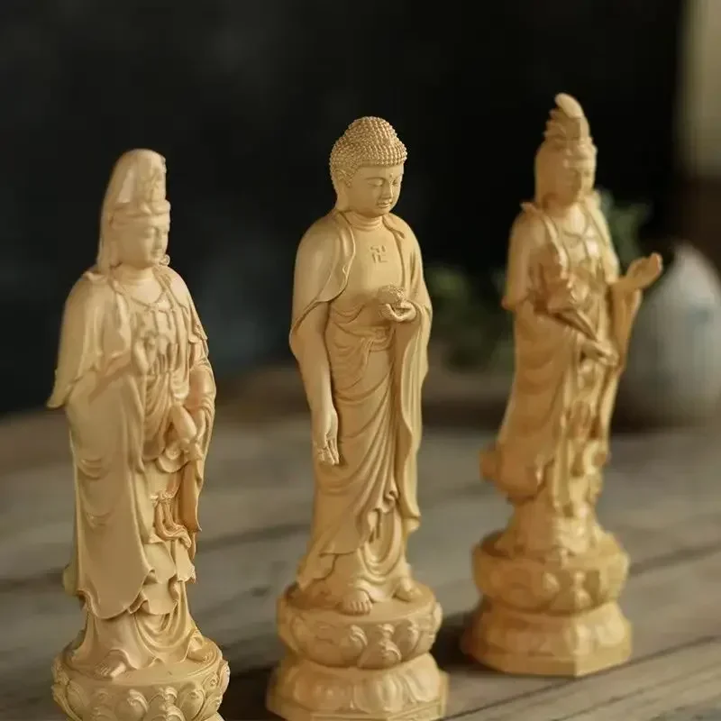 Boxwood Carving Western Three Saints Amitabha Buddha Guanyin Bodhisattva Home Decor