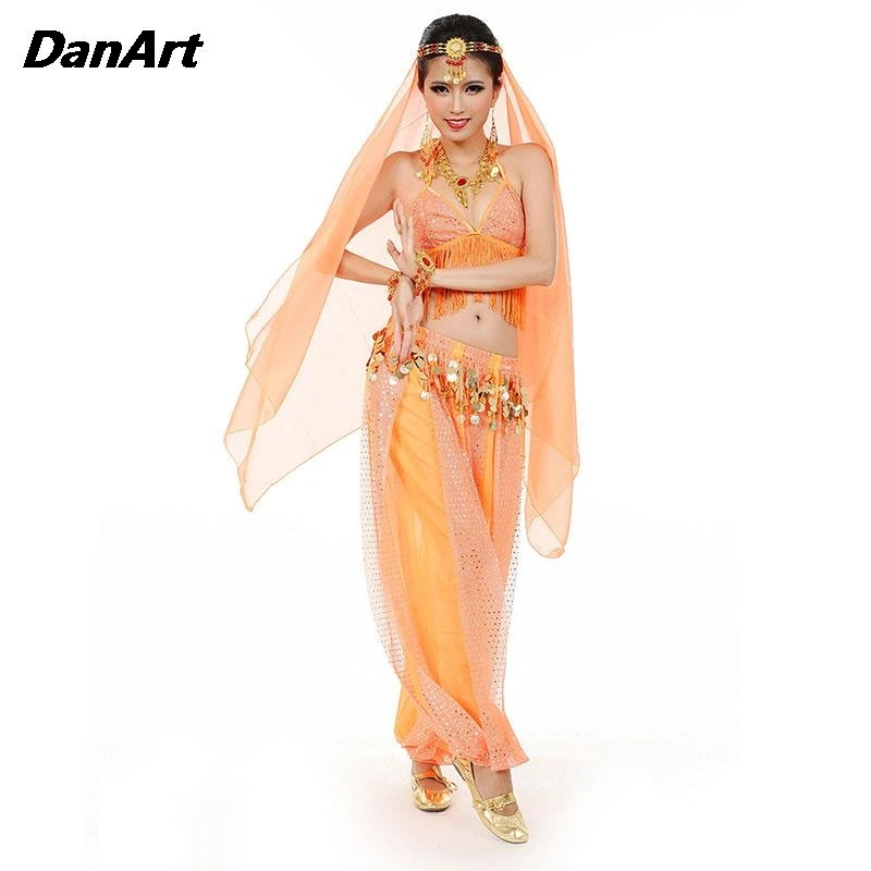 

Lady Belly Dance Performance Outfit Indian Sari Women Headdress Top Pant Waist Chain Sexy Belly Dance Costume Set 3 PCS/4PCS Set