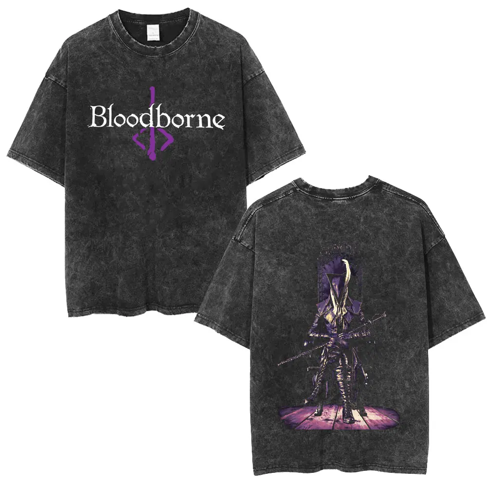 Washed Vintage Game Bloodborne Fear The Old Blood T Shirt Men Women Gothic Rock Oversized T-shirt High Quality Cotton T-shirts