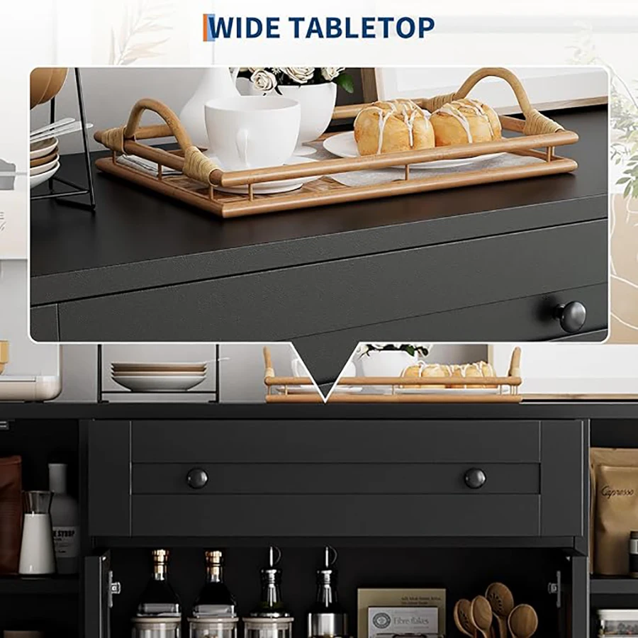 خزانة بوفيه جانبية حديثة مع مساحة تخزين، 55 بوصة خزانة بار القهوة الخشبية مع درج، أرفف وأرفف للأبواب، للمطبخ #6