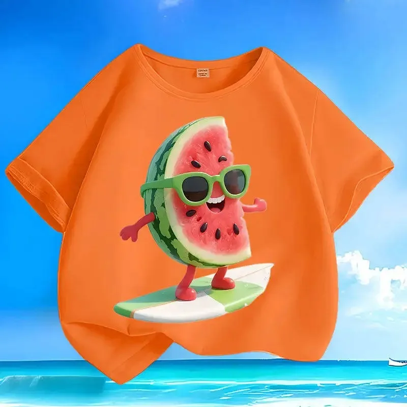 Cute Watermelon Character with Sunglasses & Surfboard Print Children’s T-shirt Summer Cool Cotton Tee for School or Vacation