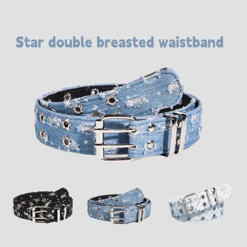 

Punk Style Denim Belts For Women Adjustable Hollow Star Double Breasted Buckle Metal Buckle Jeans Waistband Jeans Accessories
