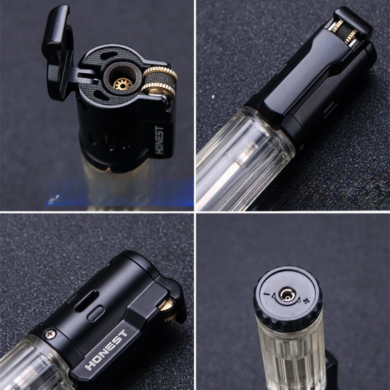 Honest Butane Gas Cigar Lighter Transparent Visible FuelTank Fire LOCK Set Windproof Blue Jet Flame Grinding Wheel Outside Tool