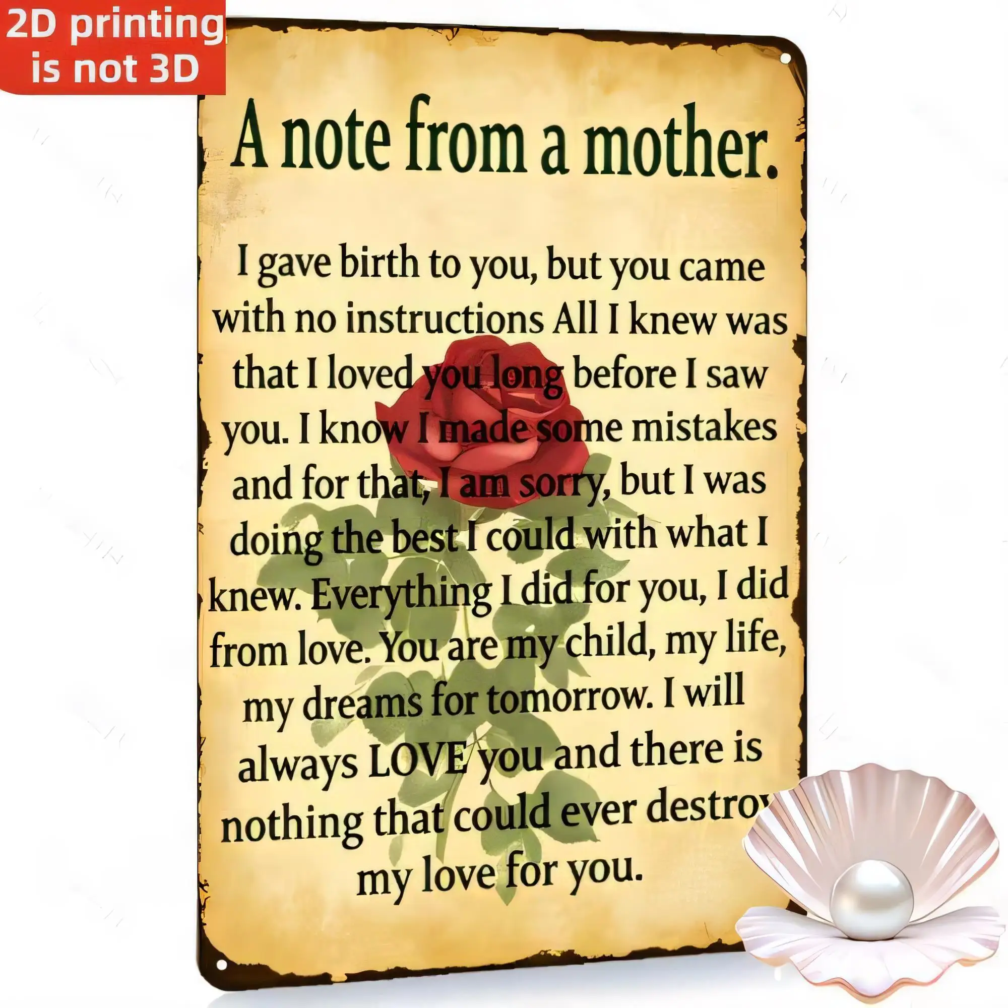Tin Sign Metal Wall Decor “A Note From a Mother” Vintage Rustic Quote Plaque, 2D Printing Not 3D, Retro Tear Drop Metal Poster f