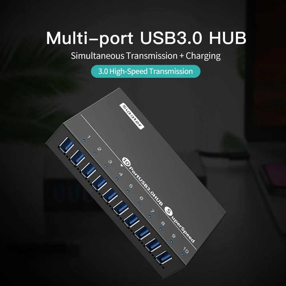 Sipolar A-103 metal 10 portas usb3.0 hub de sincronização de dados de alta velocidade divisor de carregador rápido com adaptador de alimentação 12v5a para telefone tablet ipad