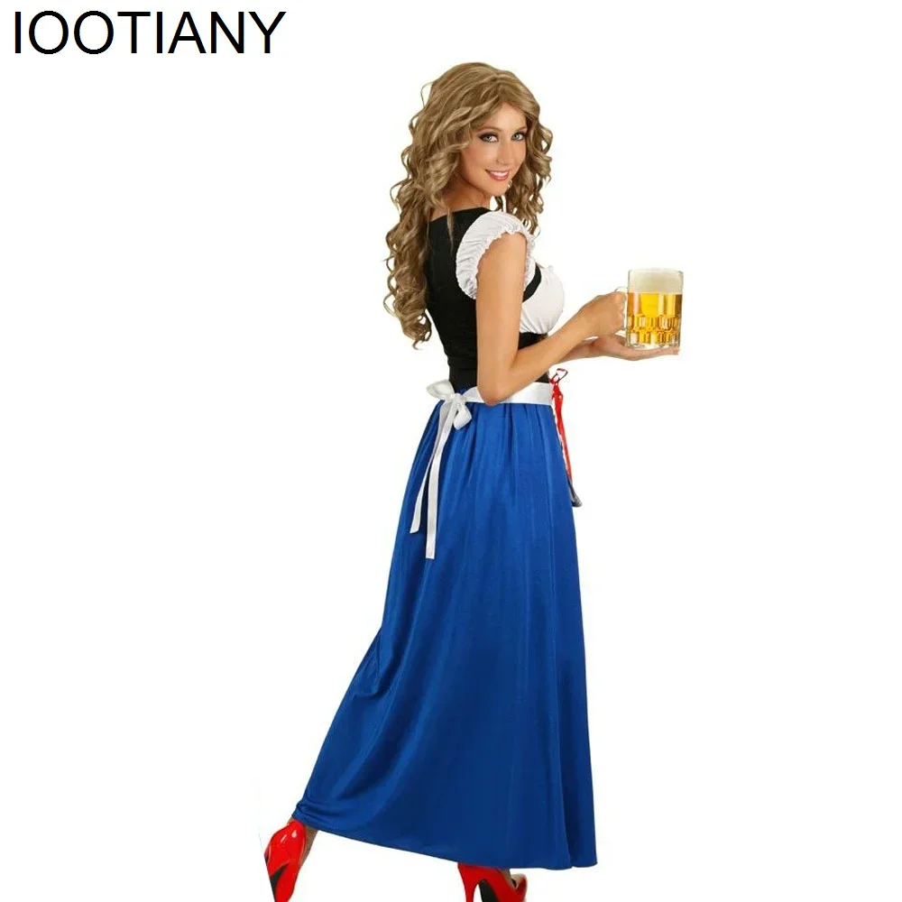Cosplay carnaval Bar cerveza sirvienta camarera Cosplay disfraz mujer Oktoberfest bávaro vestido largo azul adulto Oktoberfest delantal