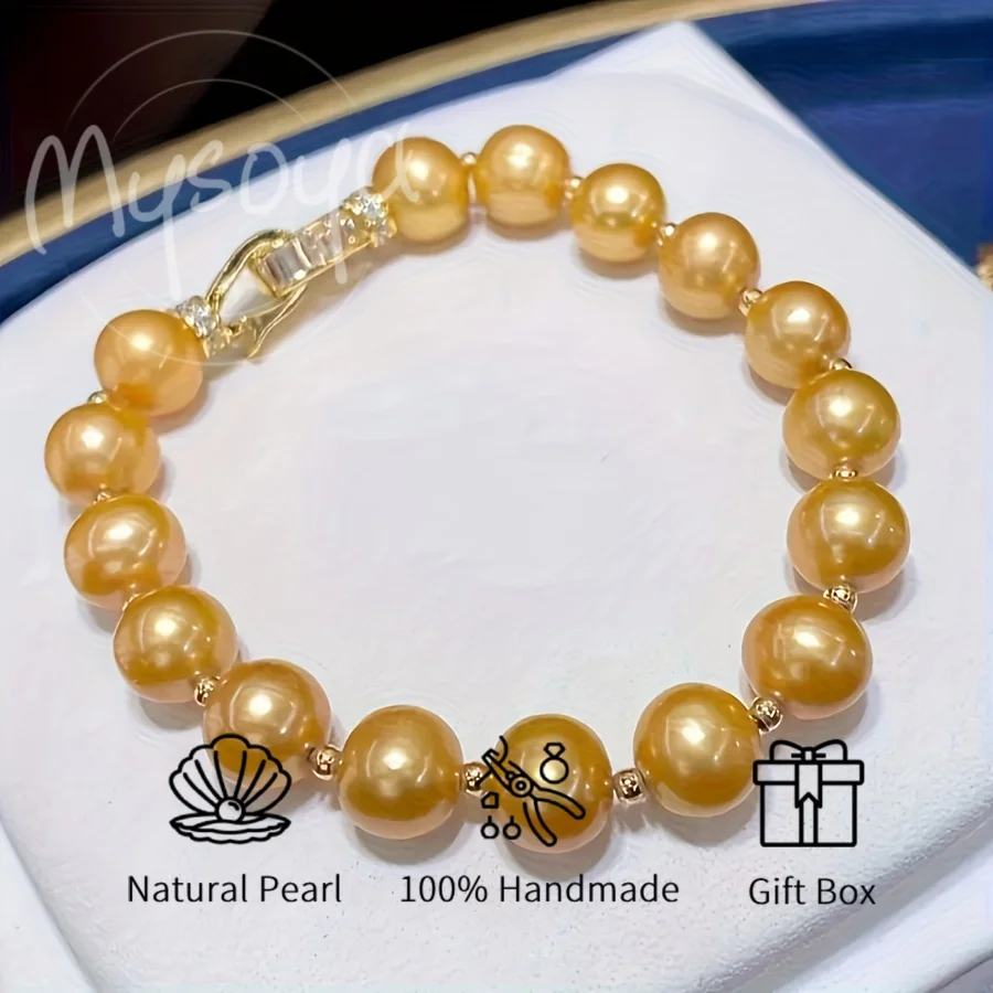 

MYSOYA Golden Freshwater Pearl Bracelet 18K Golden Accessories Gift Box Unisex Jewelry Perfect For Wedding Birthday Christmas