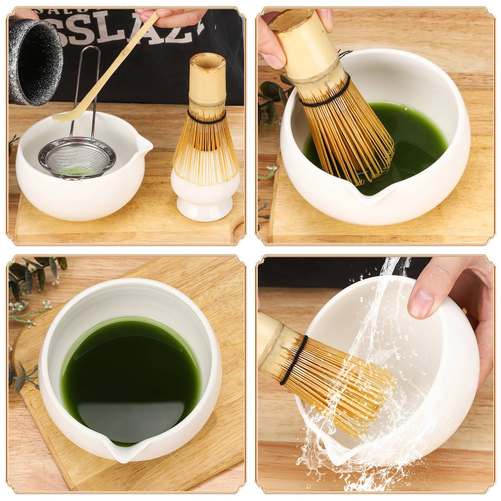 Matcha mixing tool with stainless steel sieve ceramic bowl bamboo brush to make matcha set