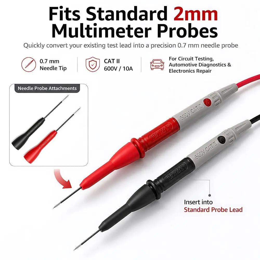 2pcs 0.7mm/2mm Diameter Multimeter Probes Universal 600V 10A Rating Test Probe Tips Durable Circuit Testing Probes