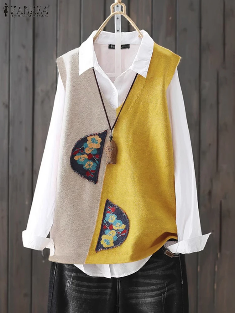 

2025 ZANZEA Women V-Neck Vests Elegant Sleeveless Tops Casual Loose Printing Waistcoats Korean Style Spring Loose Tank Tops