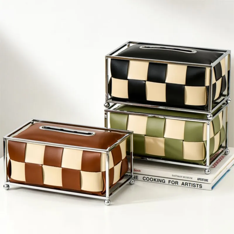 Iron Leather Art Chessboard Patterned Design Tissue Box Living Room Woven Drawing Paper Box Restaurant Tissue Storage Box ZE157