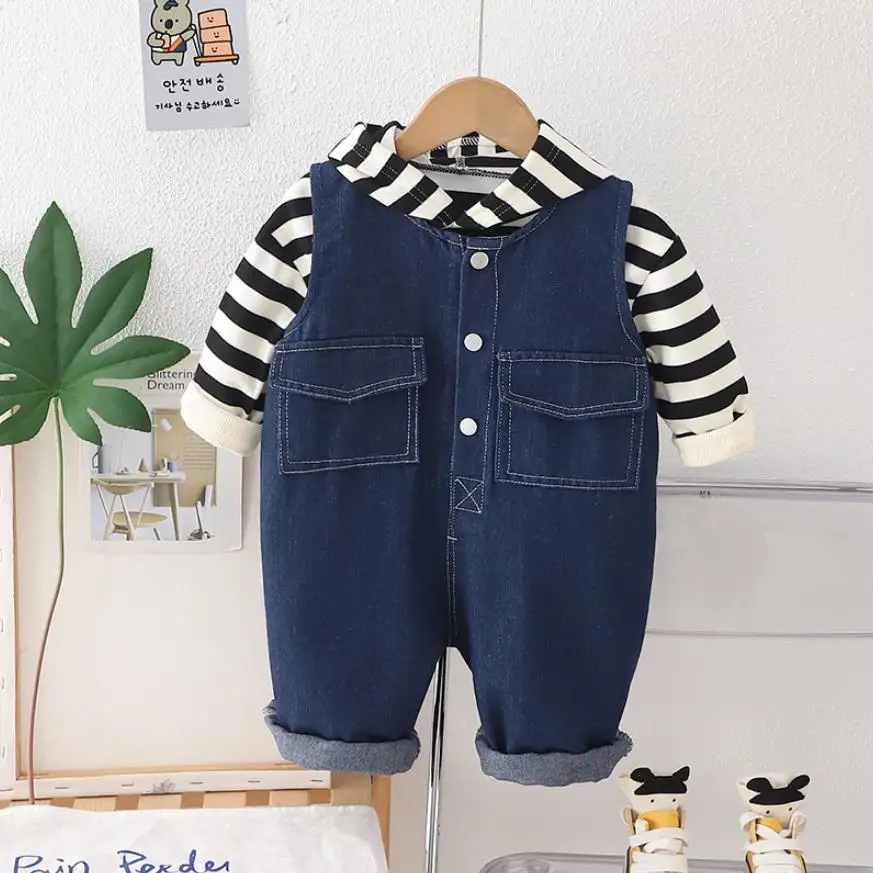

Boutique Spring Outfits 6 To 12 Months Toddler Boys Suit Striped Hooded Long Sleeve T-shirts+Denim Overalls Baby Sets Clothes