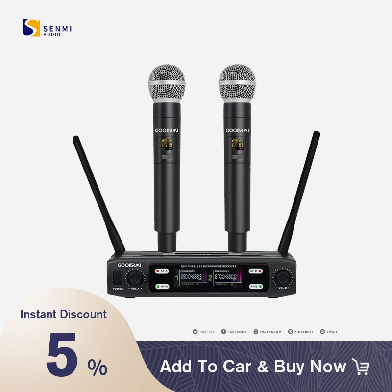 Senmi KU202 Wireless Dual Microphone System 2-Channel Handheld Dynamic Microphone With Adjustable Volume For Home Karaoke