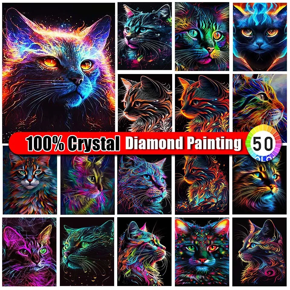 

Merdika 100% Crystal Diamond Painting Cat Colorful Cross Stitch Embroidery Kit Full Diamond Mosaic Animal Art Rhinestone Picture