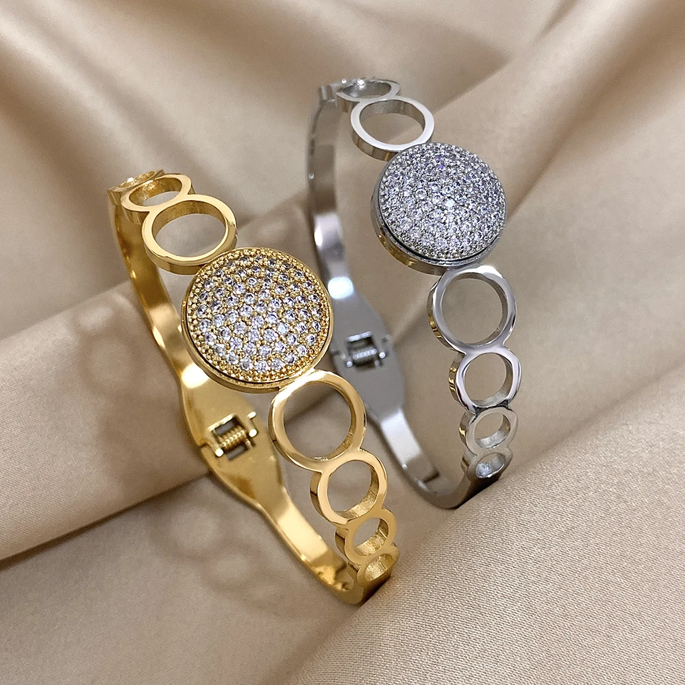 

Greatera Multiple Round Hollow Design Women's Bangle Classic Stainless Steel Cubic Zircon Filled Popular Versatile Bracelet INS