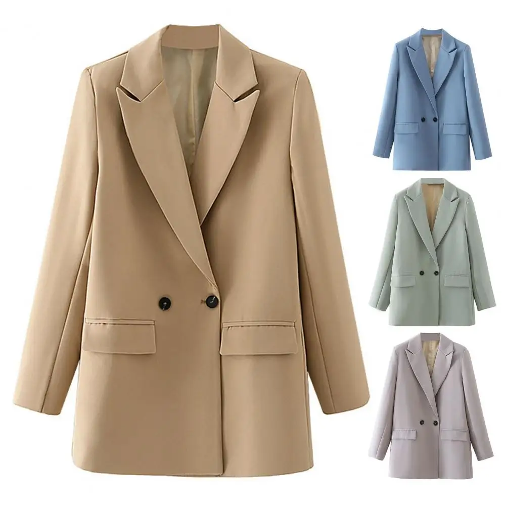 Suit Jacket Elegant Women's Spring Suit Coat with Lapel Design Long Sleeve Flap Pockets Double Breasted Closure for Autumn