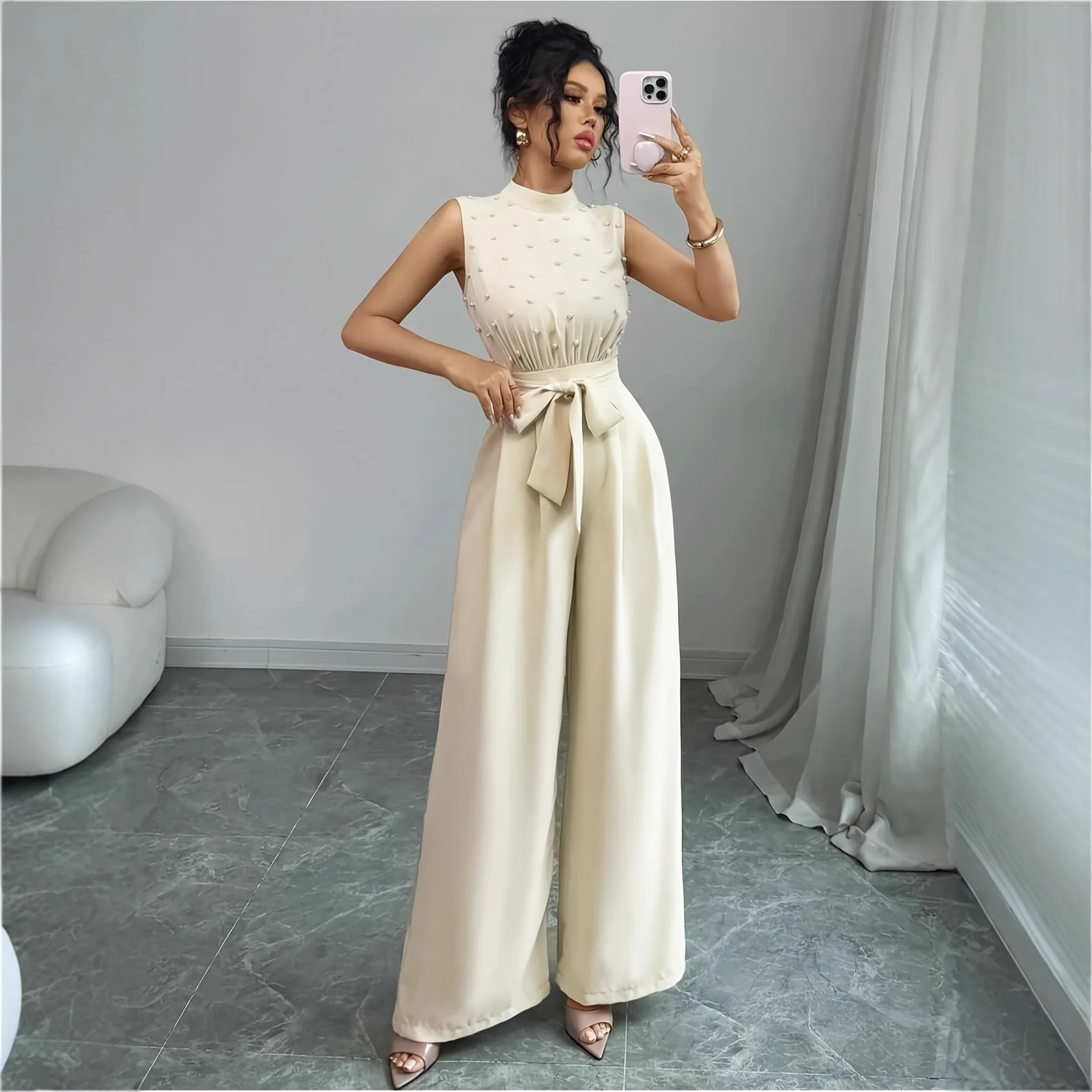 

Women's Fashionable Solid Color Small Stand Collar Sleeveless Waist-cinching Beaded Adjustable Belted Elegant Jumpsuit Sexy Lace