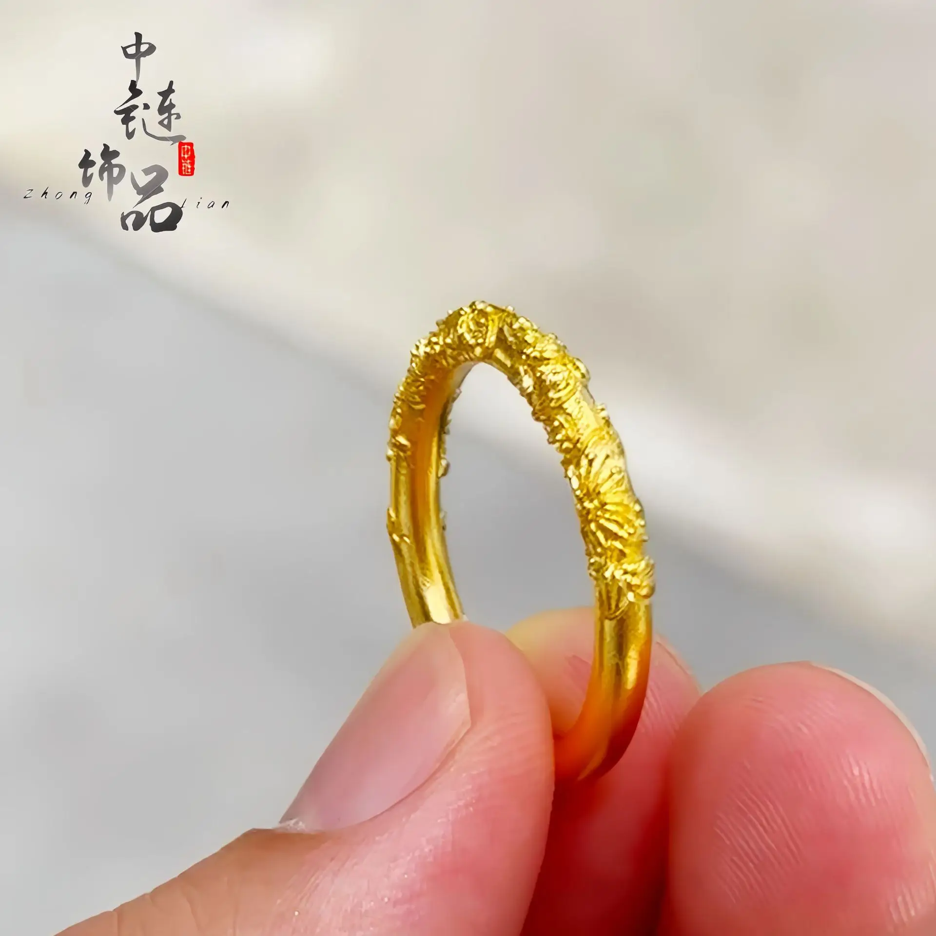 9999 gold plum blossom scroll-pattern open ring for women, featuring national trend style and engraved floral design