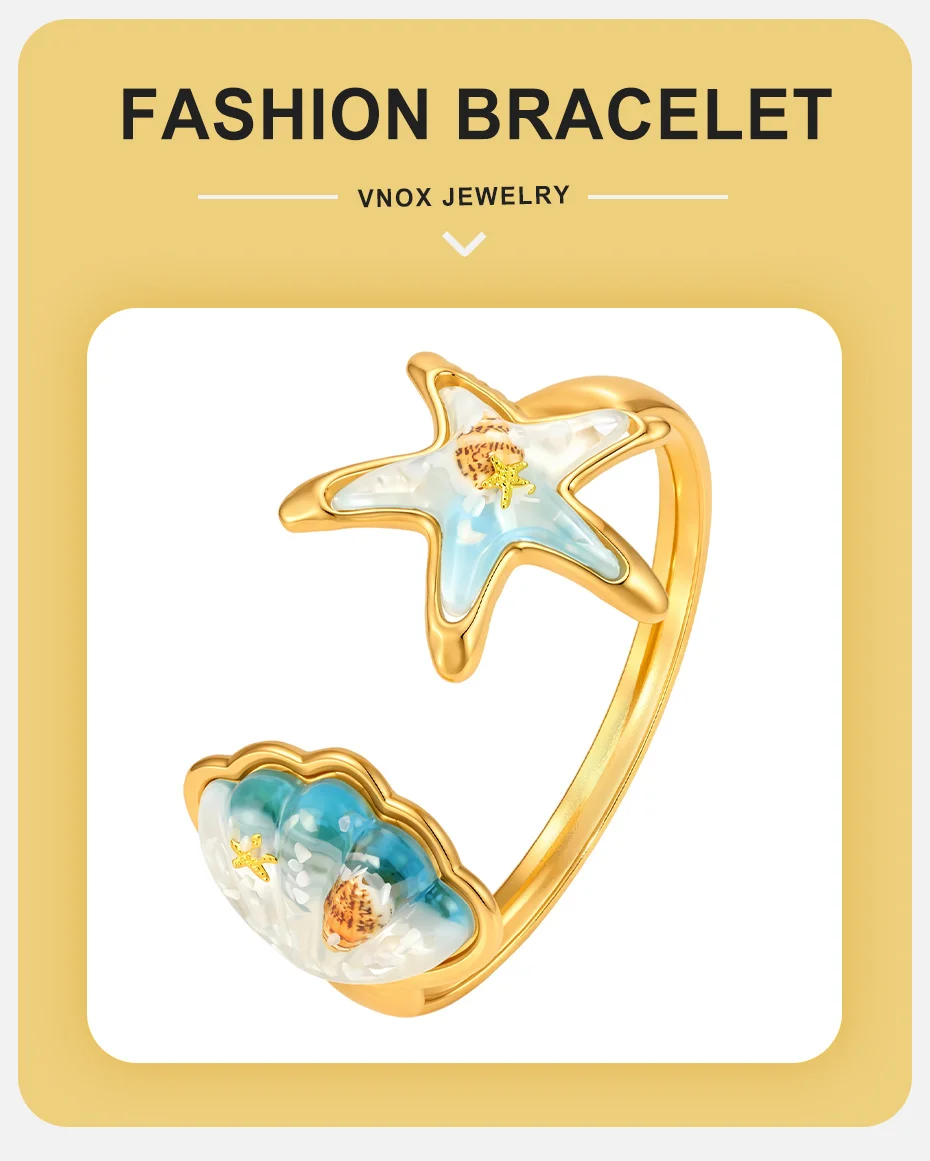 Vnox Bohemia Blau-Rosa Harz-Muschel-Seestern Offenes Armband Halskette Ohrringe Vergoldet Hypoallergen Wasserdichter Strand-Schmuck – Detail 1