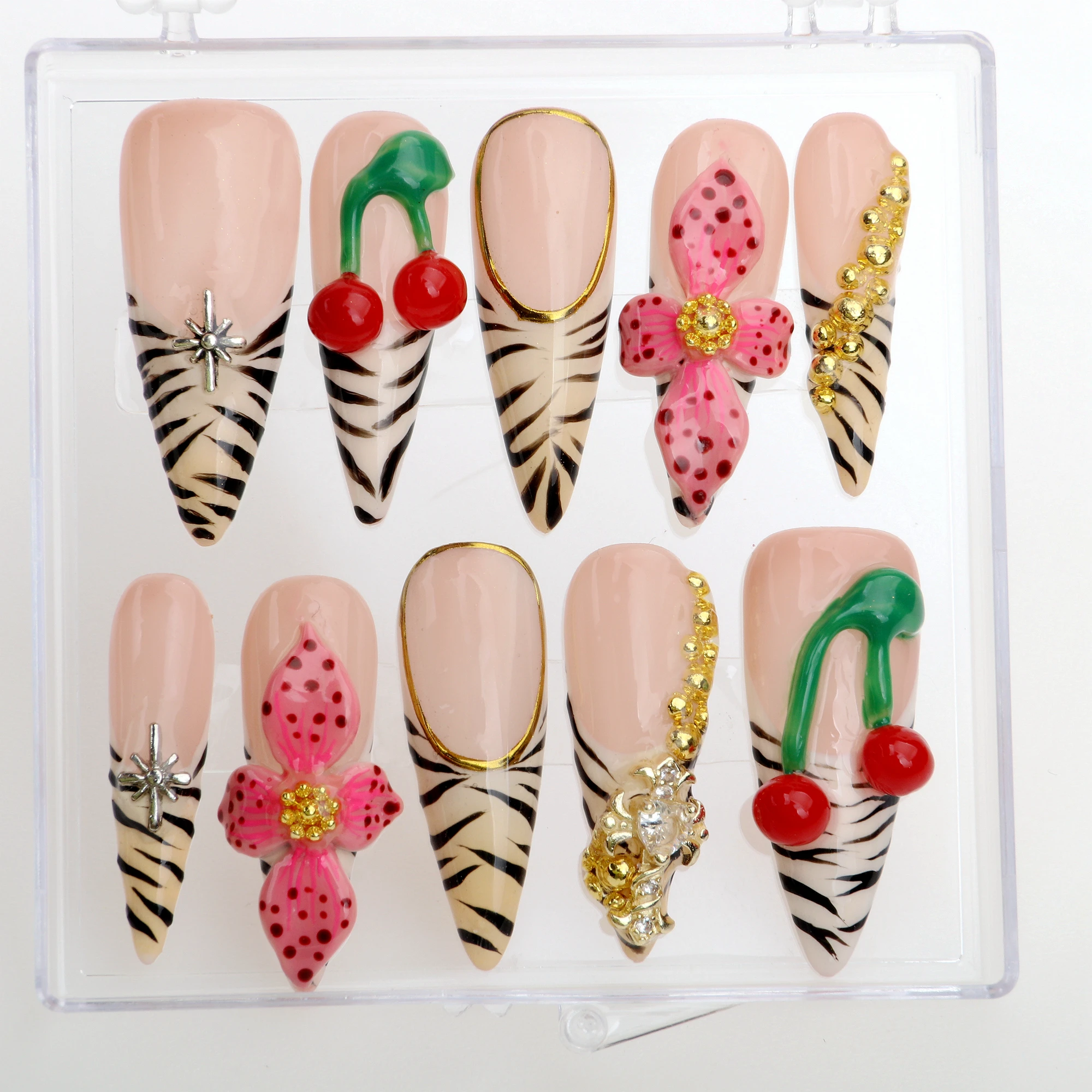 10Pcs Handmade Manicure Long Stiletto Fake Nails Unique 3D  beautiful Cherry Press On Nails Design with Adhesive Nail File Set