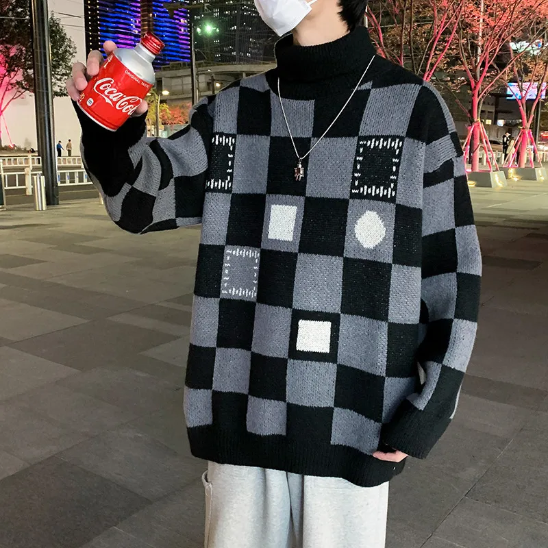 Pullovers Men Plaid All-match Casual Loose Korean Style Design Tender Handsome Charming Turtle Neck Fashion Streetwear Chic New