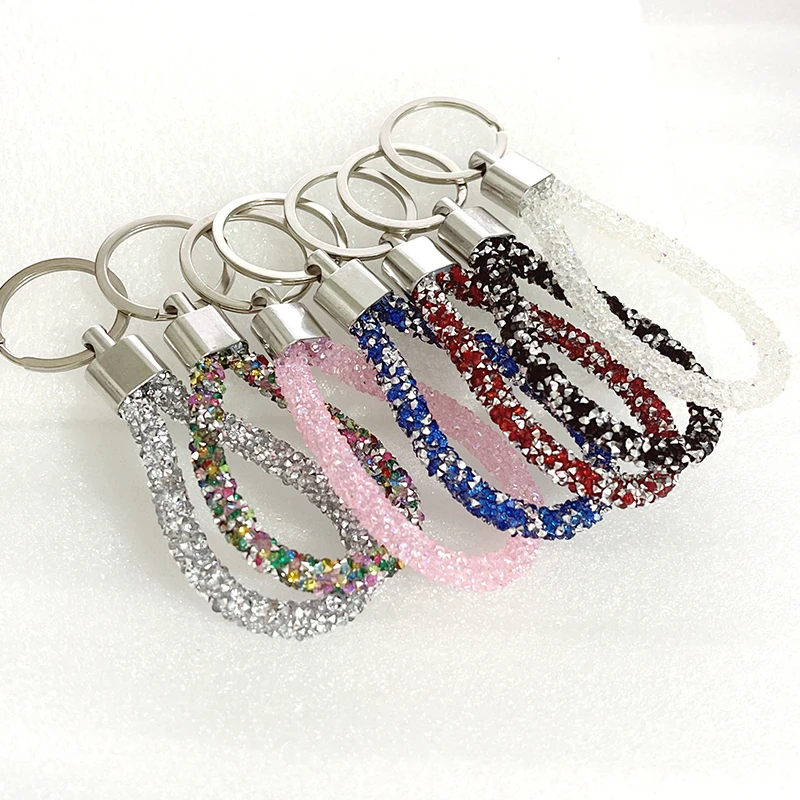 Colorful Candy Colors Sparkling Crystal PU Leather Rope Keychain For Couples Women Men Girl Car Bag Accessories Gift Keyring