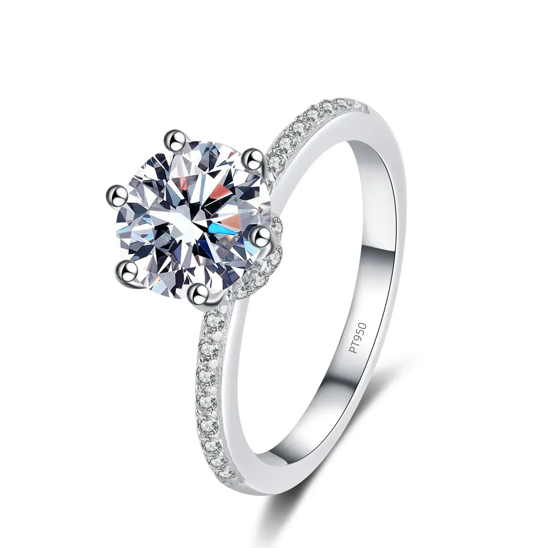 Luxury 2 Ct Sparkling Moissanite Diamond Ring, Platinum Pt950 Six Claw Setting Rings for Women, Wedding Bands Engagement Jewelry