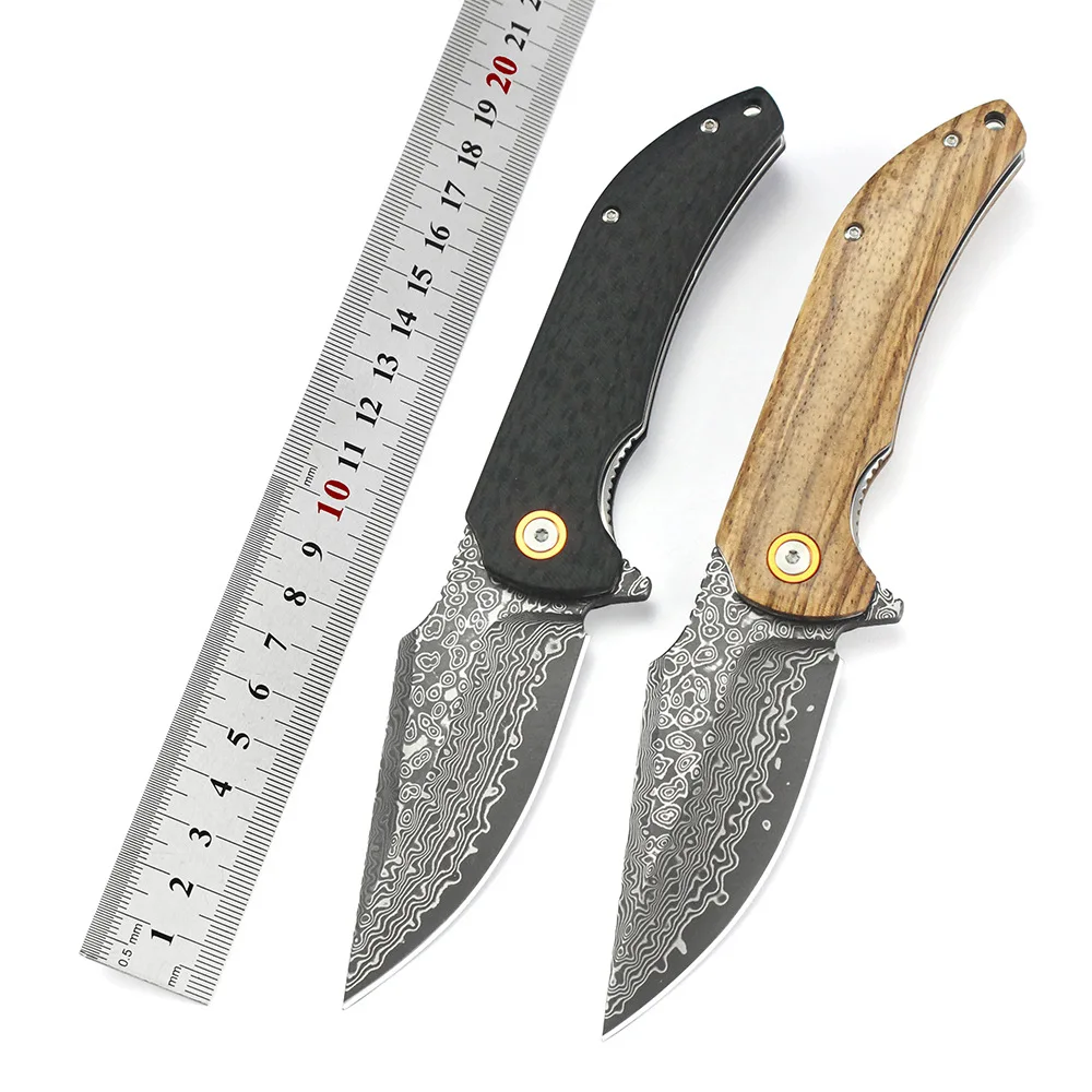 Kesiwo Damascus Pocket Folding Knife Tactical Outdoor Camping Fish tool Survival Carbon fiber G10 Wood Handle Portable EDC Knife
