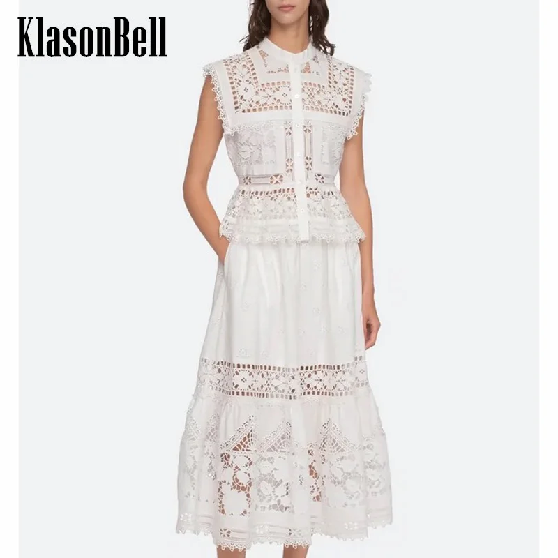 

6.28 KlasonBell Female Fashion Sweet Embroidery Hollow Out Tassel Sleeveless Shirt Tank Top Or Elastic Waist Skirt Cotton Set