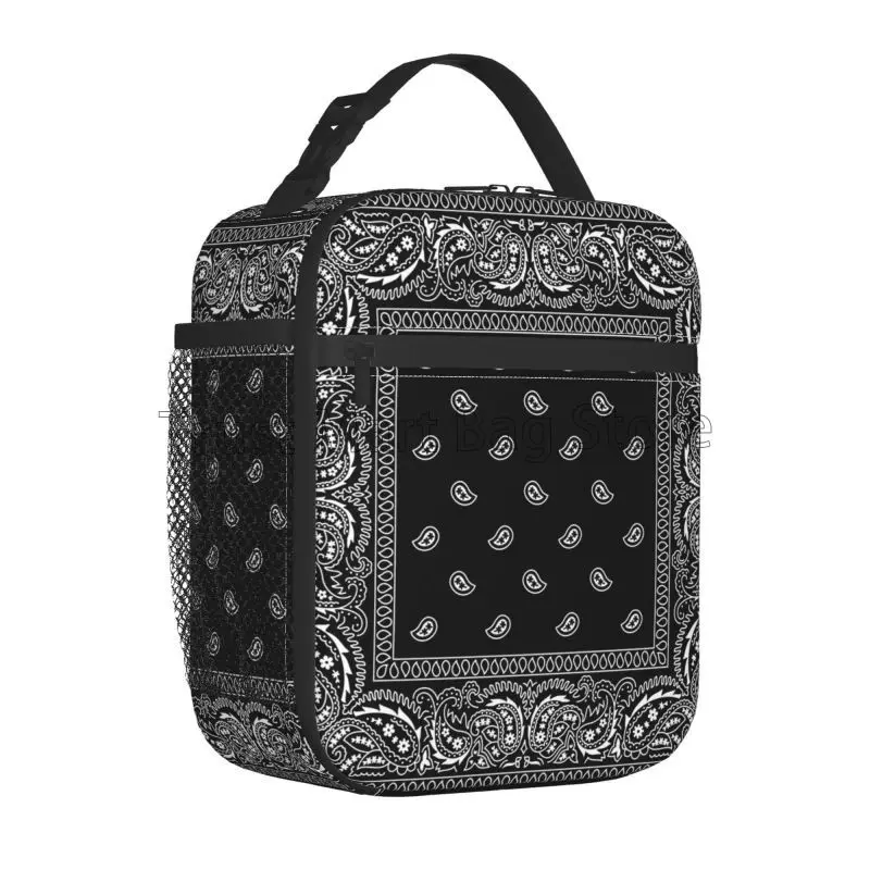 Colorful Paisley Black Bandanna Border Scarf White Insulated Lunch Bag Portable Reusable Thermal Lunch Box for Picnic Travel
