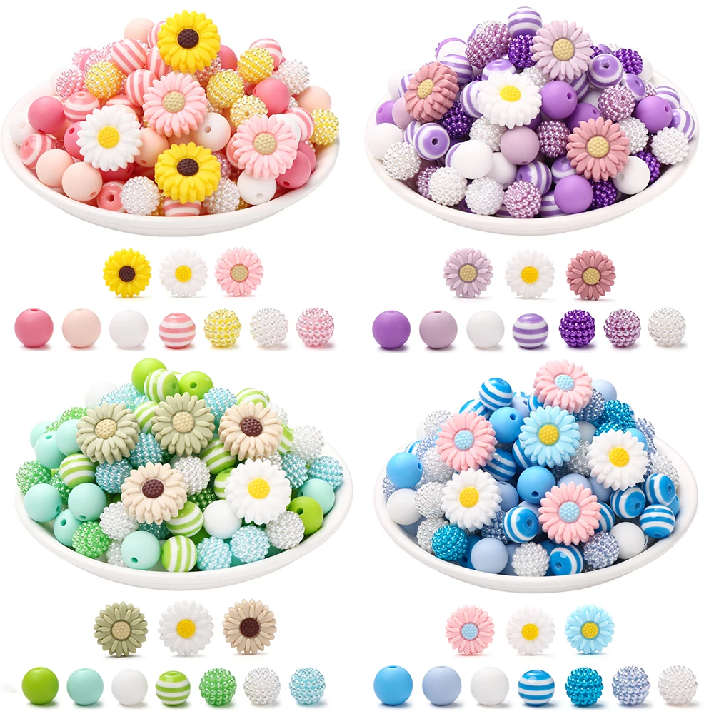 76Pcs Silicone Acrylic Beads Set 12mm Round Daisy Flower Shape Focus Beads For Teether Baby Pacifier Chain DIY Jewelry Making