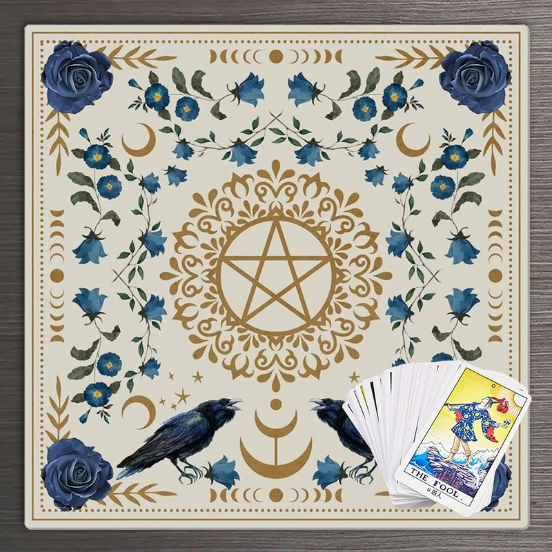 VIKAMA Blue Rose Raven Pentagram Tarot Altar Cloth Wicca Witchcraft Divination Mat for Tarot Reading Spiritual Ritual Home Decor