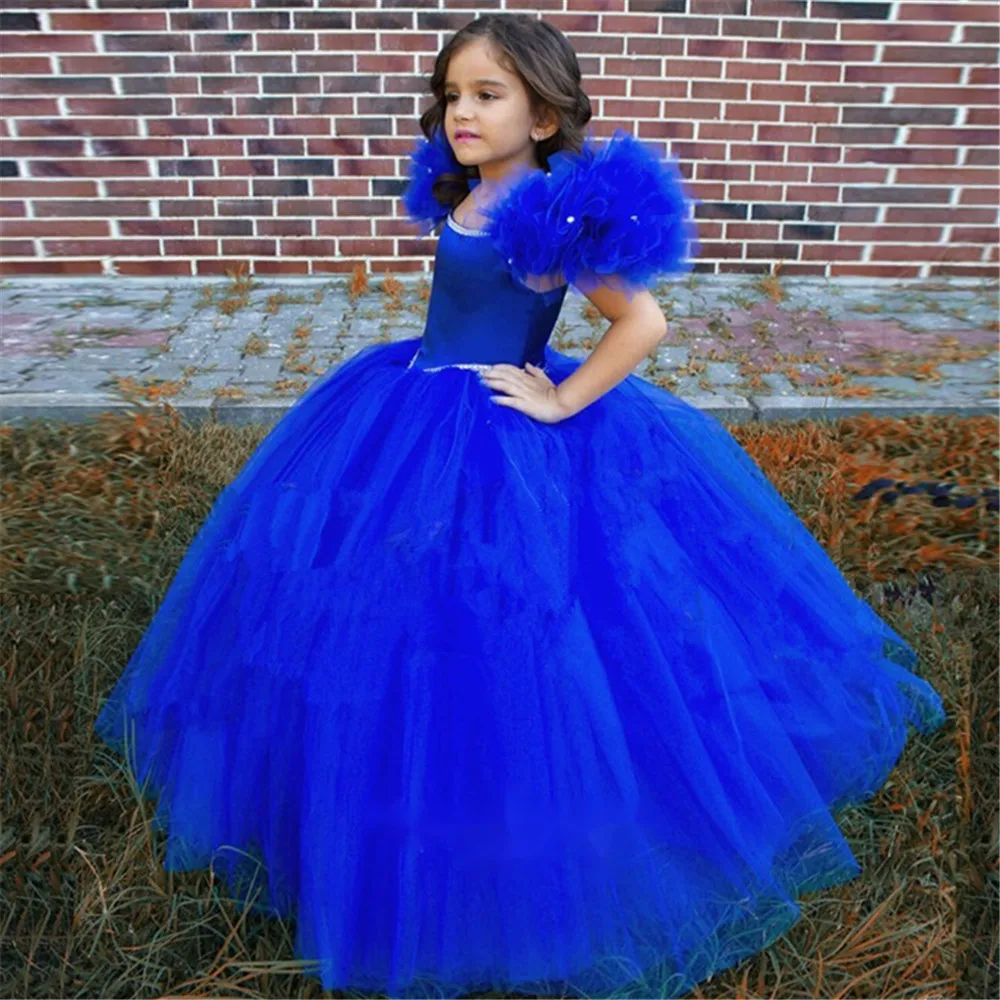 

Puffy Royal Blue Baby Girl Party Dress Kids Layers Flower Girl Dresses Hi-Low Princess Dress Cute First Communion Gowns