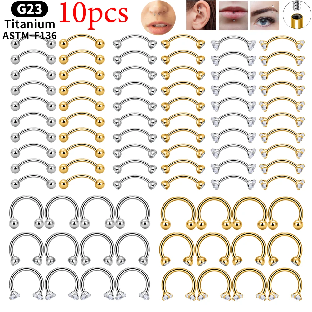 

10pcs G23 Titanium Horseshoe Eyebrow CZ Internal Thread Lip Ring Nose Ring Hoops For Women Men Nose Piercing Body Jewelry