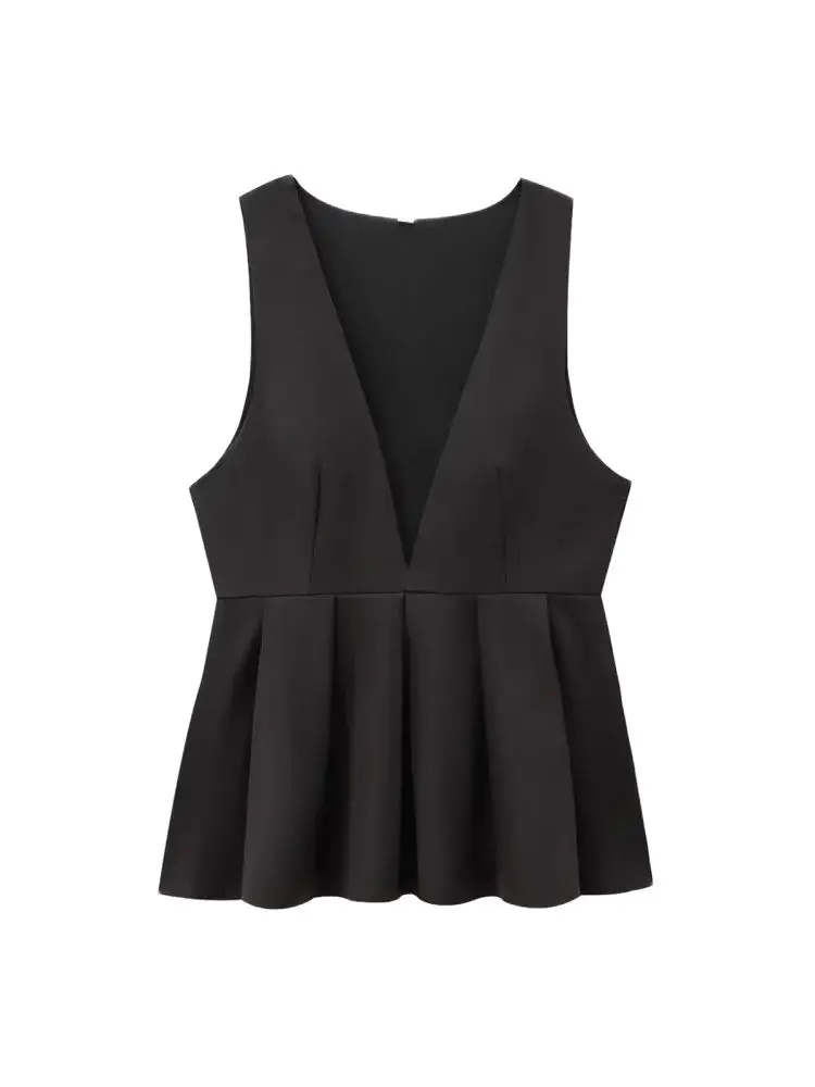 

TRZA Women Fashion With Godet Hem Blouses V Neck Sleeveless Side Zipper Female Shirts Chic Tops