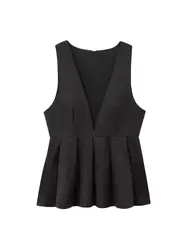 Women Fashion With Godet Hem Blouses V Neck Sleeveless Side Zipper Female Shirts Chic Tops