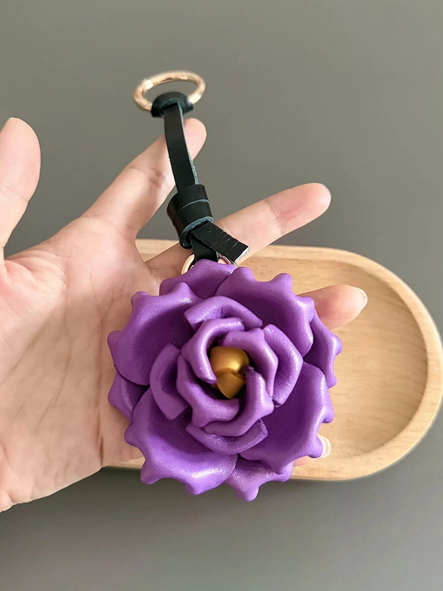 Rose Access Control Card Cover Bag Charm Genuine Leather Keychain Mother's Day Practical Gift Car Keychain Bag Pendant Luggage