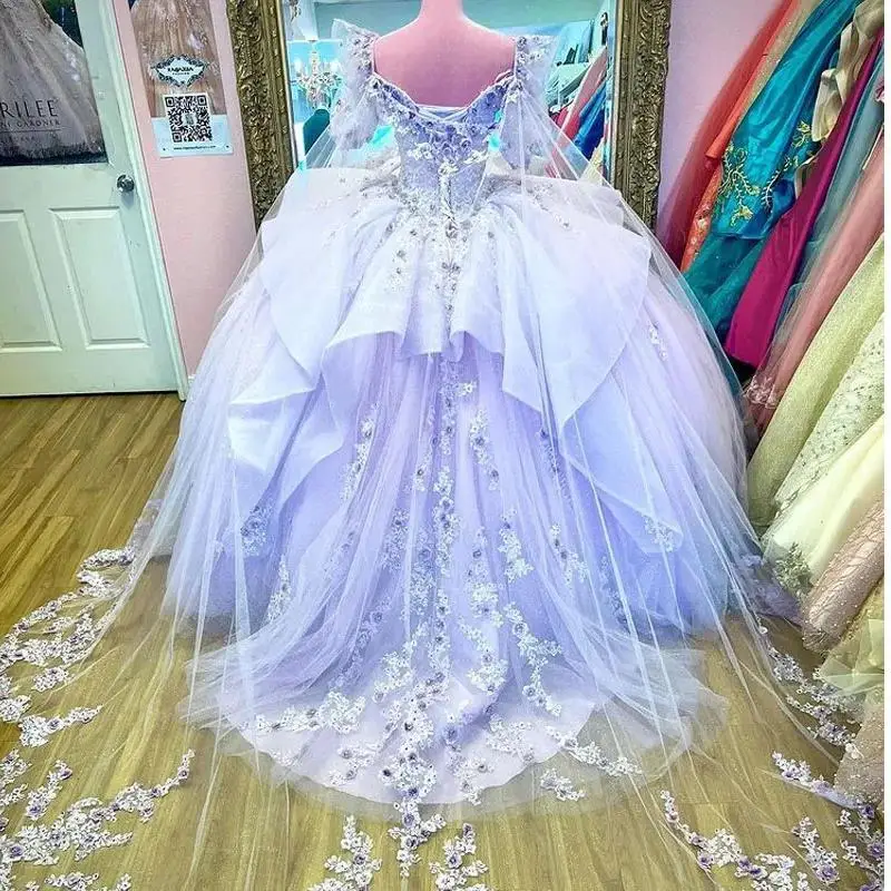 Customized Lilac Quinceanera Dress With Cape Half Puff Sleeve Appliques Lace Off The Shoulder Beading Ruffles Sweet 15 Dress