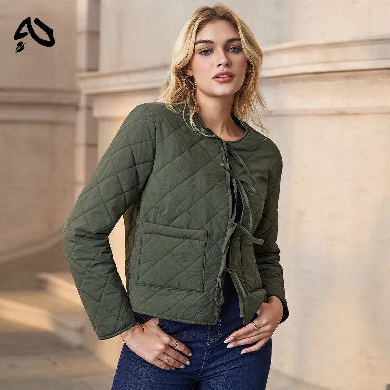 

Original Autumn Winter Women's Quilted Cotton Jacket New Solid Color Round Neck Long Sleeved Lace up With Pocket Argyle Coats