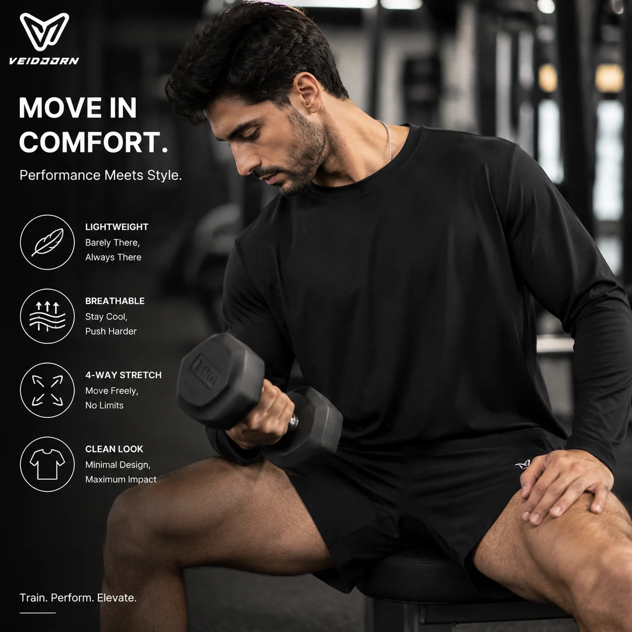 Veidoorn Minimalist Men Long‑Sleeve Sports T‑Shirt Solid Simple Design Breathable Casual Athletic Top for Workout Daily Wear