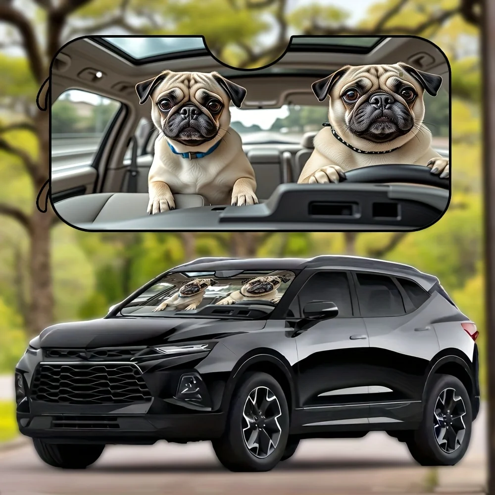

1pc Fit Mya Dog Print Car Sun Visor - Durable Polyester Front Window Shade with Cute Pug Design, Ideal for Urban Living, Weekend